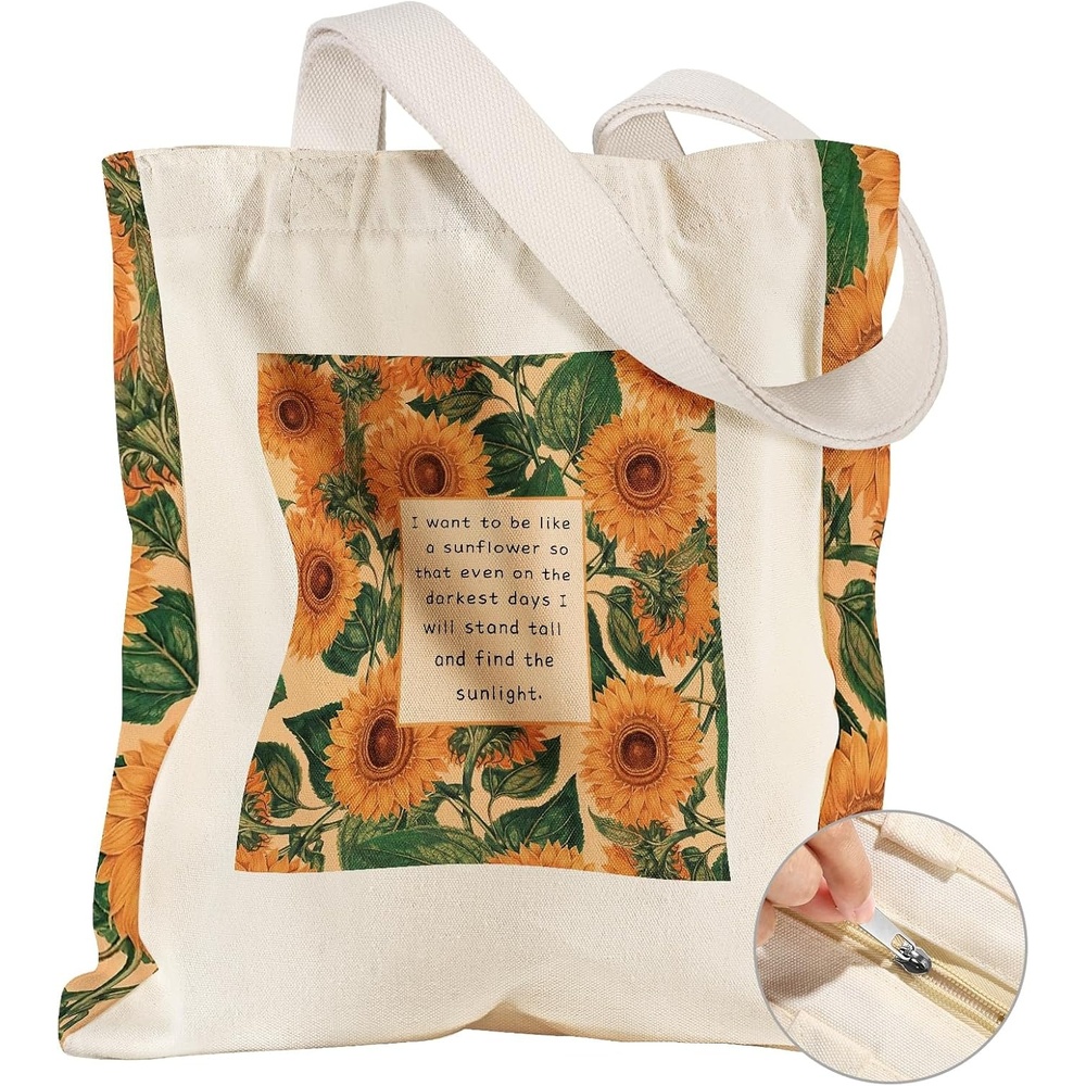 image:imageMiss Adola Large Canvas Tote Bag for Women with Zipper and Inner Pocket Aesthetic Cute Shoulder Bag for Shopping DailySunflower Text