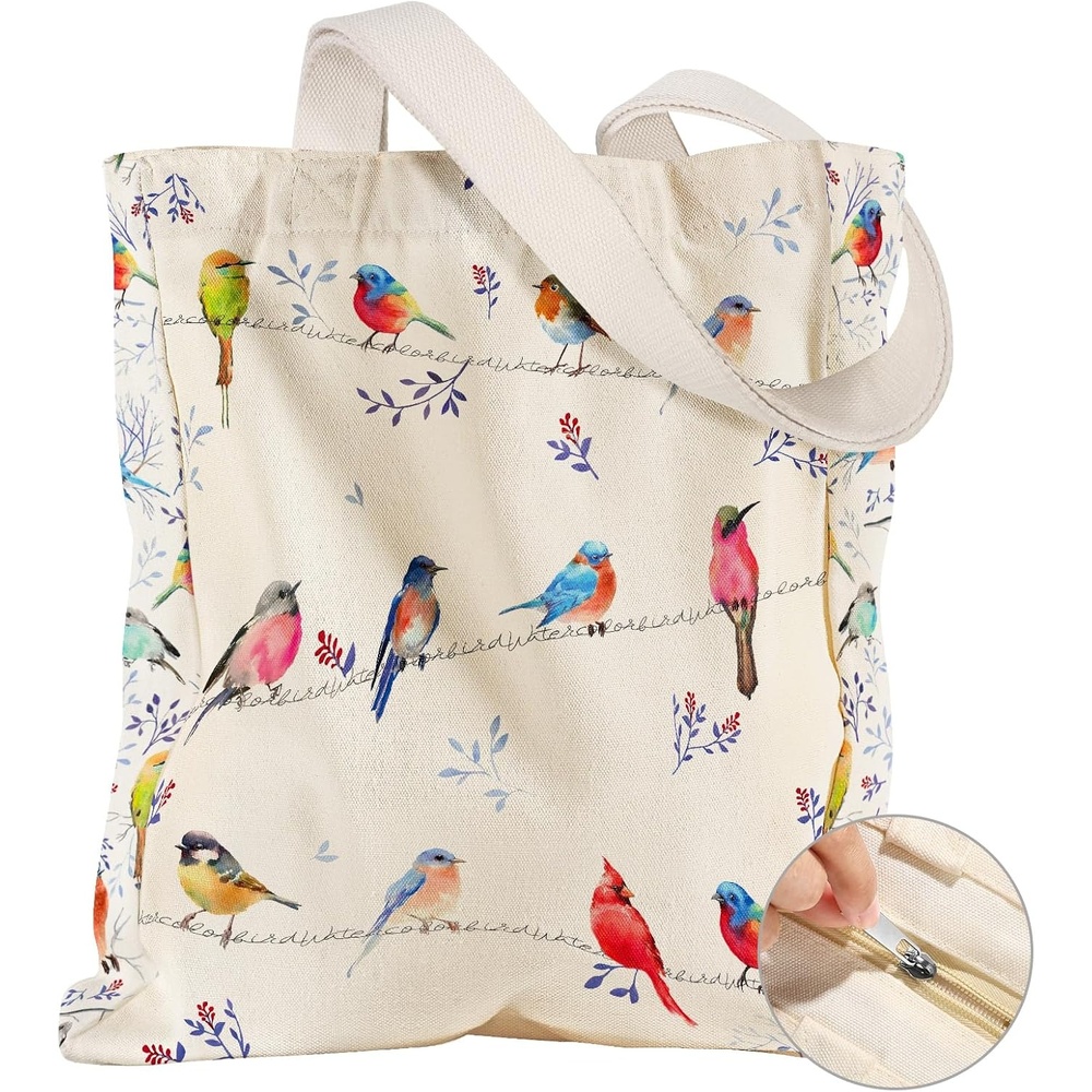 image:imageMiss Adola Large Canvas Tote Bag for Women with Zipper and Inner Pocket Aesthetic Cute Shoulder Bag for Shopping DailyWatercolor Bird