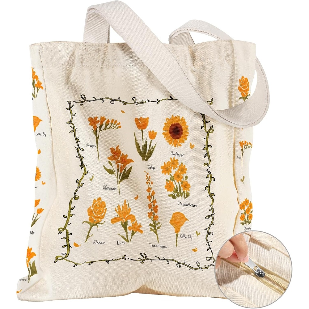 image:imageMiss Adola Large Canvas Tote Bag for Women with Zipper and Inner Pocket Aesthetic Cute Shoulder Bag for Shopping DailyYellow Flowers