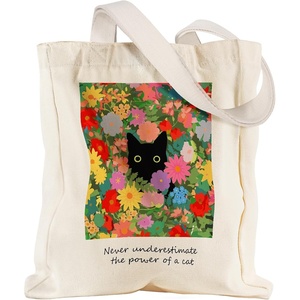 image:imageMiss Adola Aesthetic Heavy Canvas Tote Bag with Pocket for Women Cloth Gusseted Totes Bag with Pattern for ShoppingFloral Cat