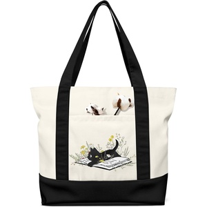image:imageMiss Adola Large Canvas Tote Bag Zipper Closure  Outside Pocket Size 17514 Aesthetic Boat Bag for Women CottonBlack Cat