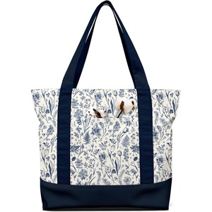 image:imageMiss Adola Large Canvas Tote Bag Zipper Closure  Outside Pocket Size 17514 Aesthetic Boat Bag for Women CottonBlue Line Flower