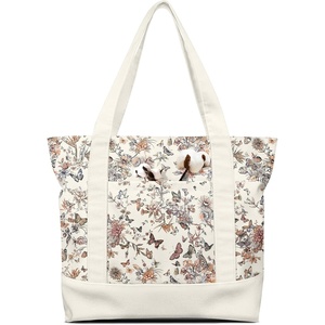image:imageMiss Adola Large Canvas Tote Bag Zipper Closure  Outside Pocket Size 17514 Aesthetic Boat Bag for Women CottonFull Butterfly