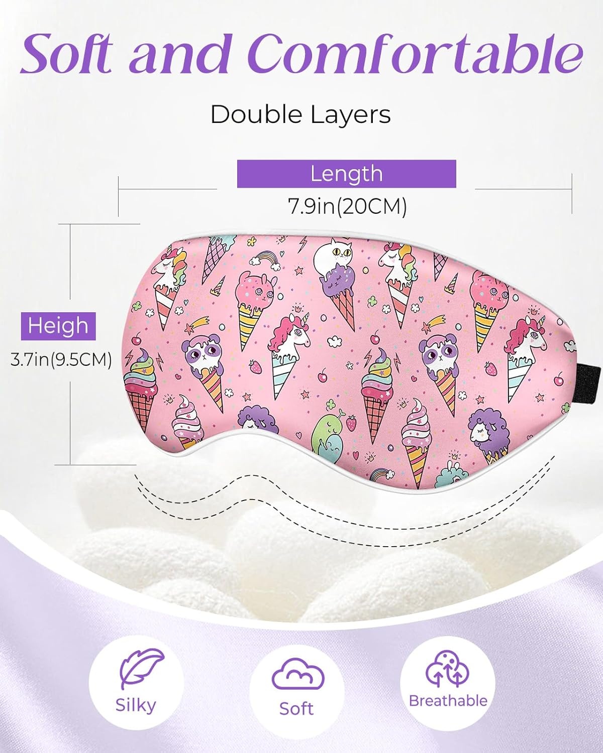 image:imageMiss Adola Kids Sleep Mask Silk Eye Mask for Kids Cute Cartoon Cool Kawaii Soft Smooth Lightweight Boys Girls Teens Sleeping Mask with Adjustable Straps UnicornRainbow Ice Cream Unicorn