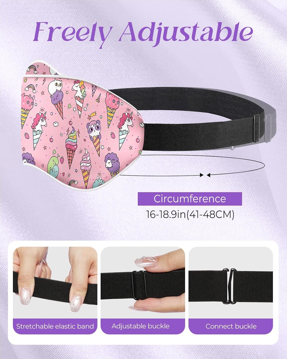 image:imageMiss Adola Kids Sleep Mask Silk Eye Mask for Kids Cute Cartoon Cool Kawaii Soft Smooth Lightweight Boys Girls Teens Sleeping Mask with Adjustable Straps UnicornRainbow Ice Cream Unicorn