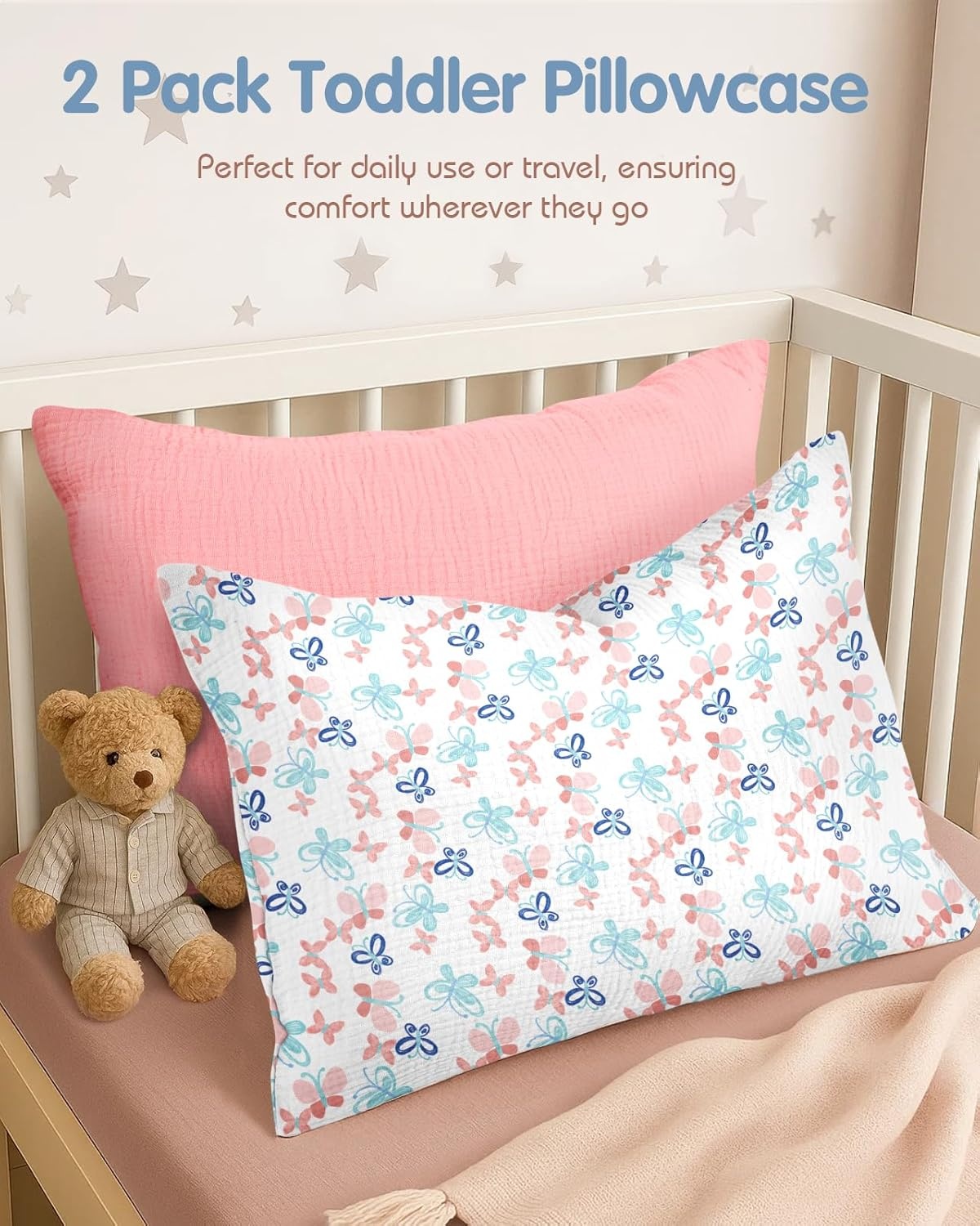 image:imageMiss Adola Muslin Toddler Pillowcase Set of 213x18 Cotton Toddler Pillow Cases with Envelope Closure Cute Cartoon Soft Breathable Kids Pillowcases for Baby Boys Girls Butterfly amp Pk