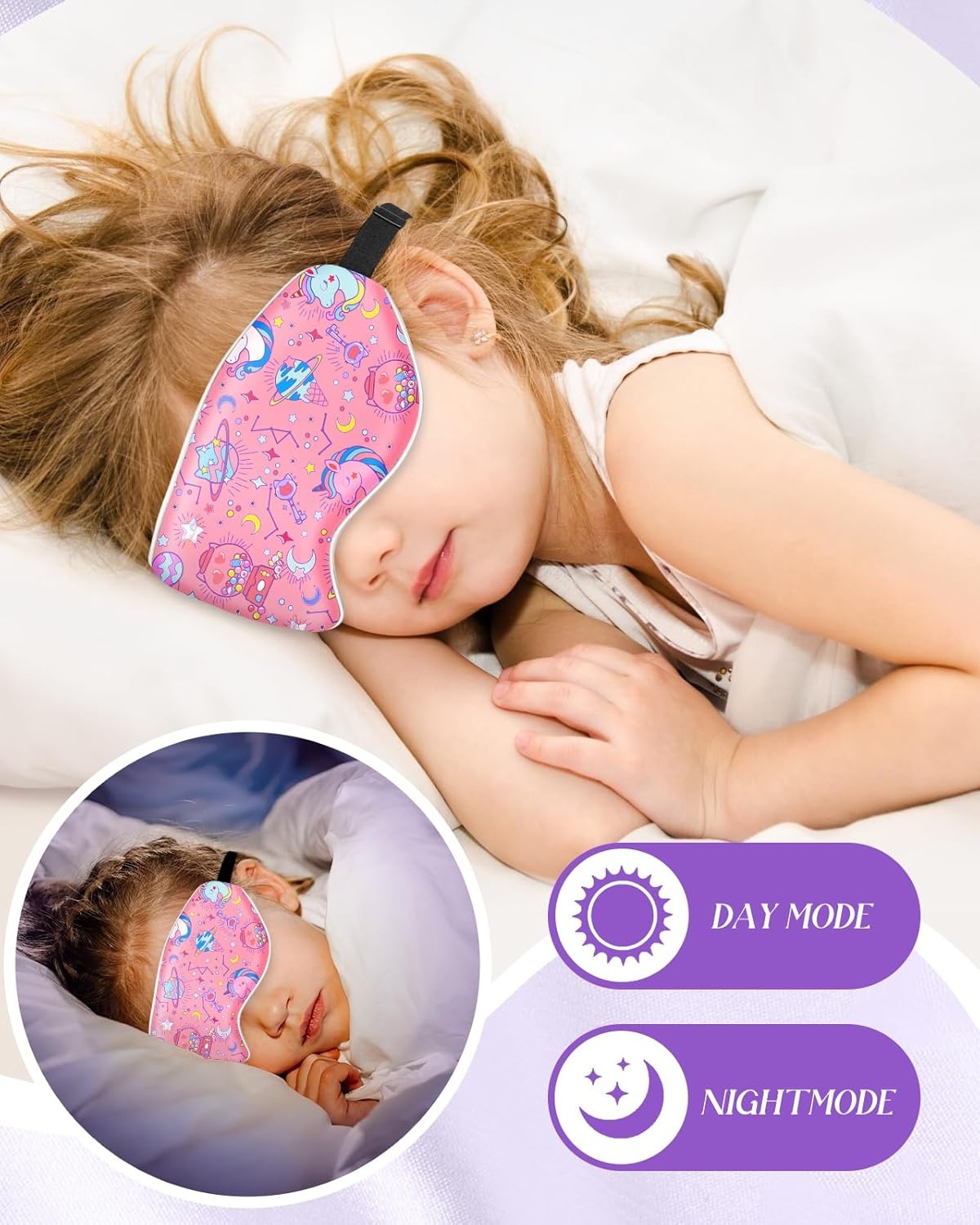 image:imageMiss Adola Sleep Mask for Kids Cute Kawaii Cartoon Silk Sleeping Mask with Adjustable Strap Soft Smooth Light Eye Mask for Sleeping Silk Kids Eye Cover for Boys Girls Teens Luminous Black CatsIce Cream Planet