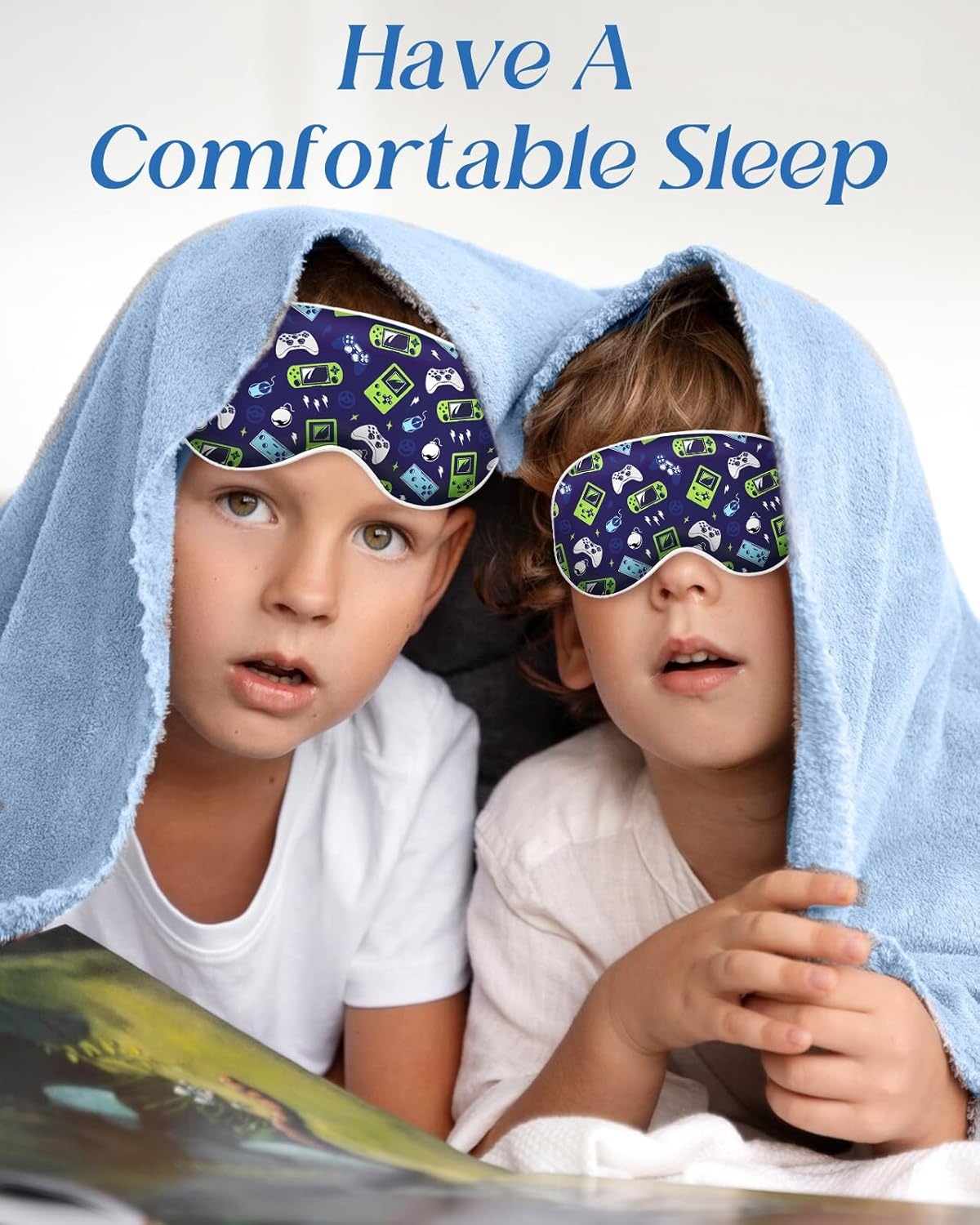 image:imageMiss Adola Sleep Mask for Kids Cute Kawaii Cartoon Silk Sleeping Mask with Adjustable Strap Soft Smooth Light Eye Mask for Sleeping Silk Kids Eye Cover for Boys Girls Teens Luminous Black CatsBlue Green Game