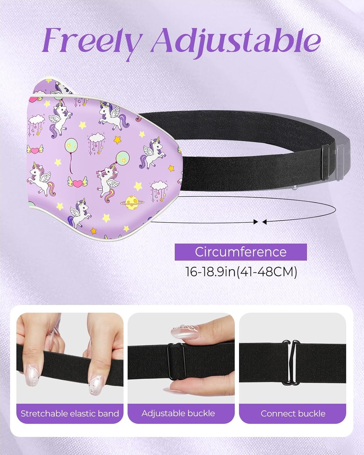 image:imageMiss Adola Sleep Mask for Kids Cute Kawaii Cartoon Silk Sleeping Mask with Adjustable Strap Soft Smooth Light Eye Mask for Sleeping Silk Kids Eye Cover for Boys Girls Teens Luminous Black CatsBalloon Unicorn