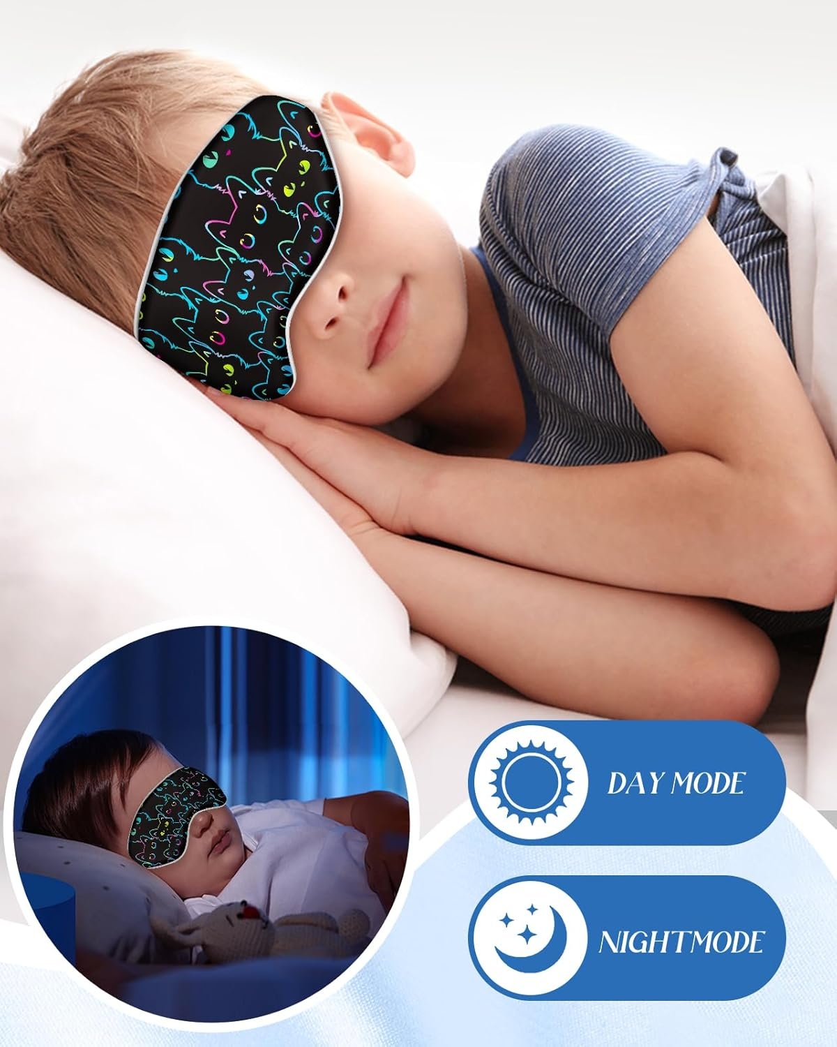 image:imageMiss Adola Sleep Mask for Kids Cute Kawaii Cartoon Silk Sleeping Mask with Adjustable Strap Soft Smooth Light Eye Mask for Sleeping Silk Kids Eye Cover for Boys Girls Teens Luminous Black CatsLuminous Black Cats