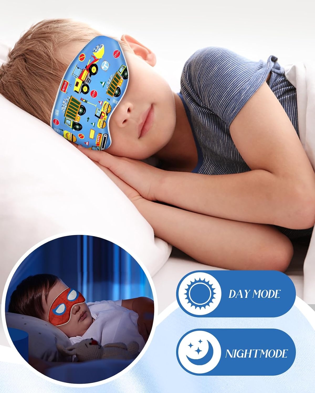 image:imageMiss Adola Sleep Mask for Kids Cute Kawaii Cartoon Silk Sleeping Mask with Adjustable Strap Soft Smooth Light Eye Mask for Sleeping Silk Kids Eye Cover for Boys Girls Teens Luminous Black CatsBlue Work Truck
