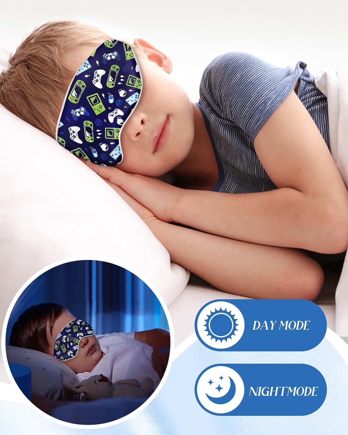 image:imageMiss Adola Sleep Mask for Kids Cute Kawaii Cartoon Silk Sleeping Mask with Adjustable Strap Soft Smooth Light Eye Mask for Sleeping Silk Kids Eye Cover for Boys Girls Teens Luminous Black CatsBlue Green Game