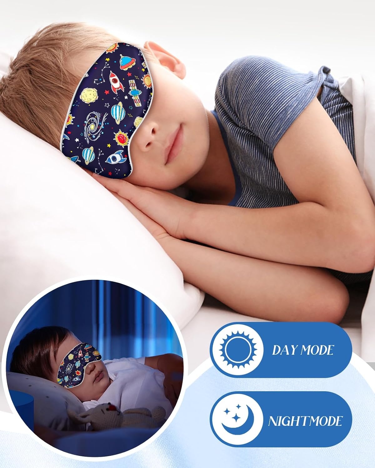 image:imageMiss Adola Sleep Mask for Kids Cute Kawaii Cartoon Silk Sleeping Mask with Adjustable Strap Soft Smooth Light Eye Mask for Sleeping Silk Kids Eye Cover for Boys Girls Teens Luminous Black CatsBlue Sky Rockets