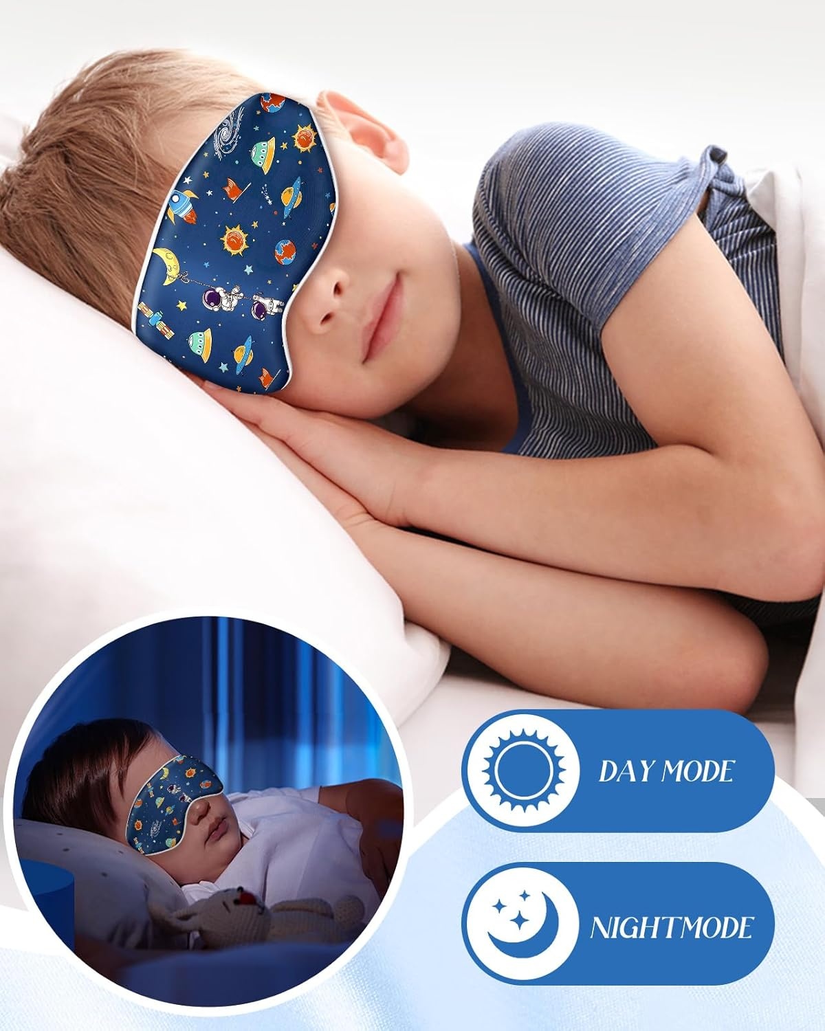 image:imageMiss Adola Sleep Mask for Kids Silk Eye Mask for Sleeping Cute Cartoon Kids Sleep Mask for Boys Girls Teens Soft Smooth Adjustable Straps Silk Kids Eye Cover Black DinosaurBlue Astronaut