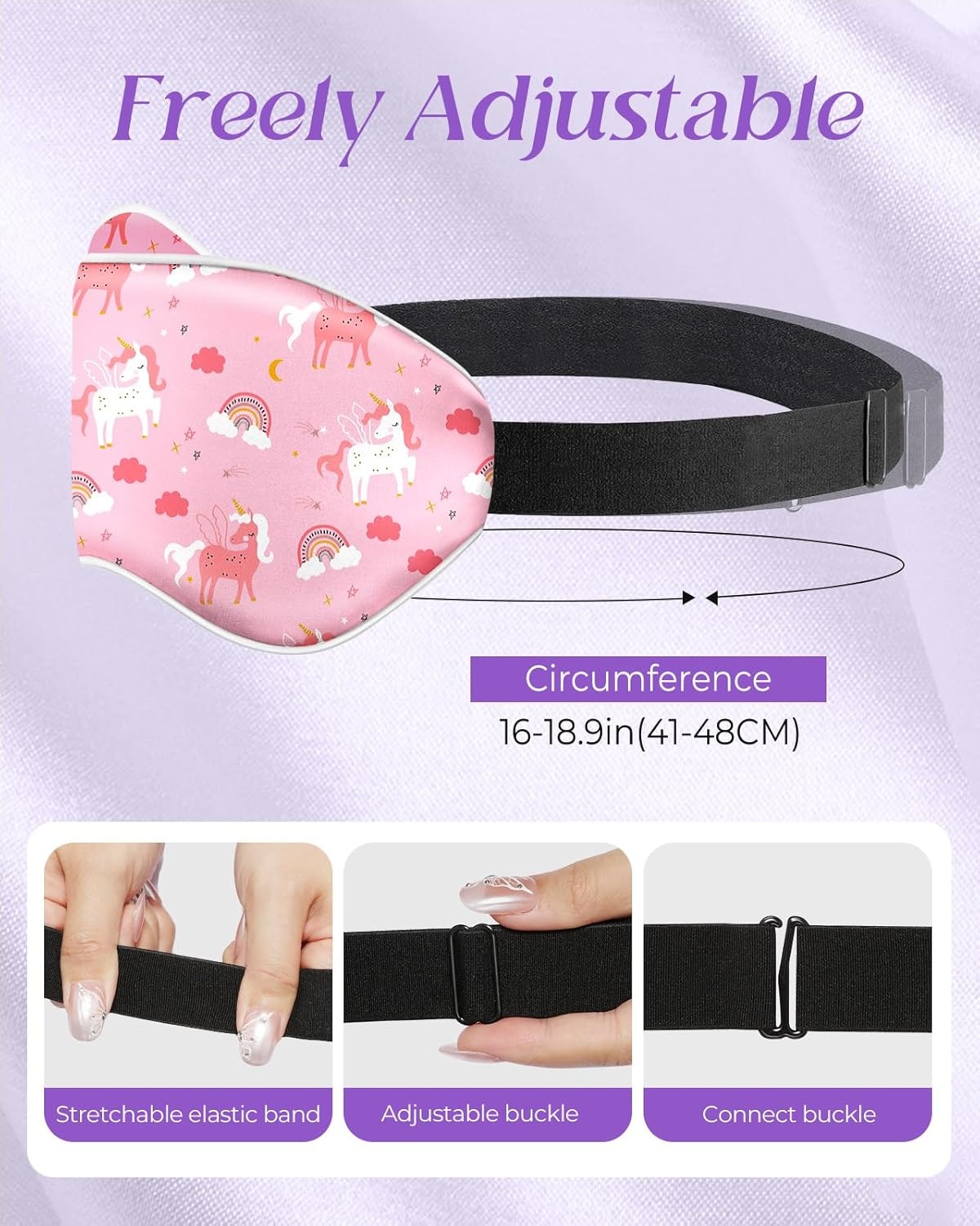 image:imageMiss Adola Sleep Mask for Kids Silk Eye Mask for Sleeping Cute Cartoon Kids Sleep Mask for Boys Girls Teens Soft Smooth Adjustable Straps Silk Kids Eye Cover Black DinosaurPk Rainbow Unicorn