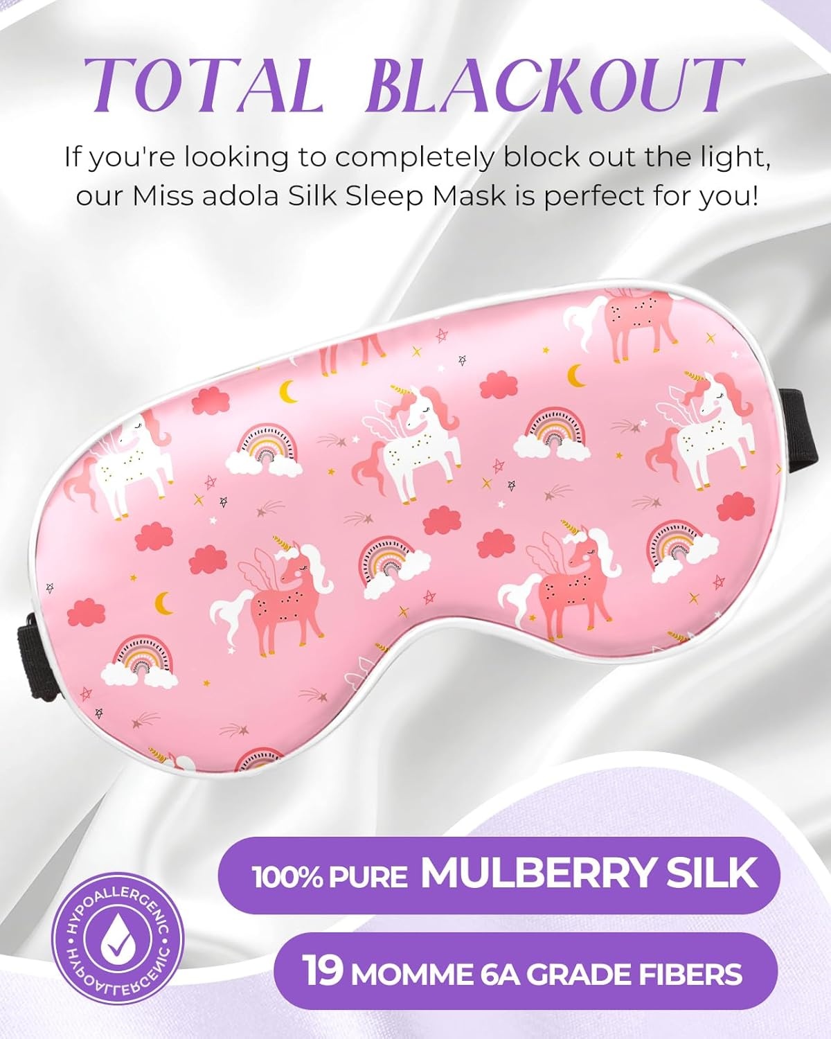 image:imageMiss Adola Sleep Mask for Kids Silk Eye Mask for Sleeping Cute Cartoon Kids Sleep Mask for Boys Girls Teens Soft Smooth Adjustable Straps Silk Kids Eye Cover Black DinosaurCp Unicorn