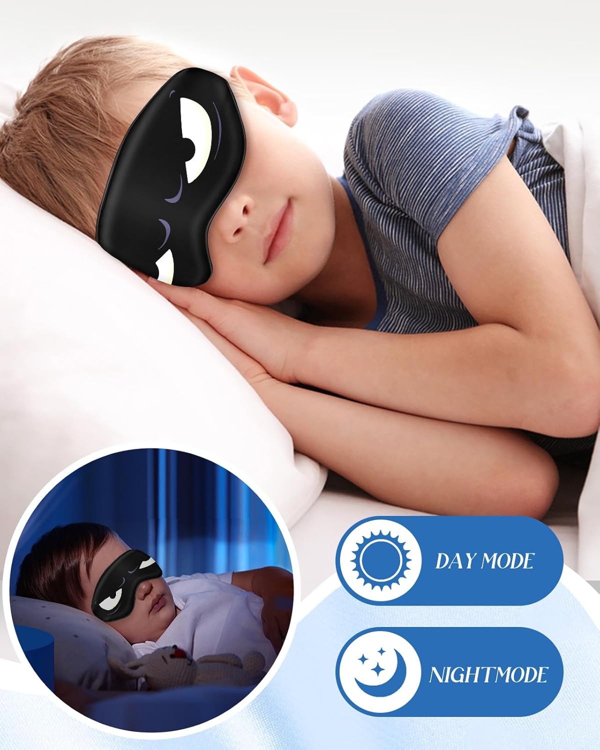 image:imageMiss Adola Sleep Mask for Kids Silk Eye Mask for Sleeping Cute Cartoon Kids Sleep Mask for Boys Girls Teens Soft Smooth Adjustable Straps Silk Kids Eye Cover Black DinosaurBlack White Eyes