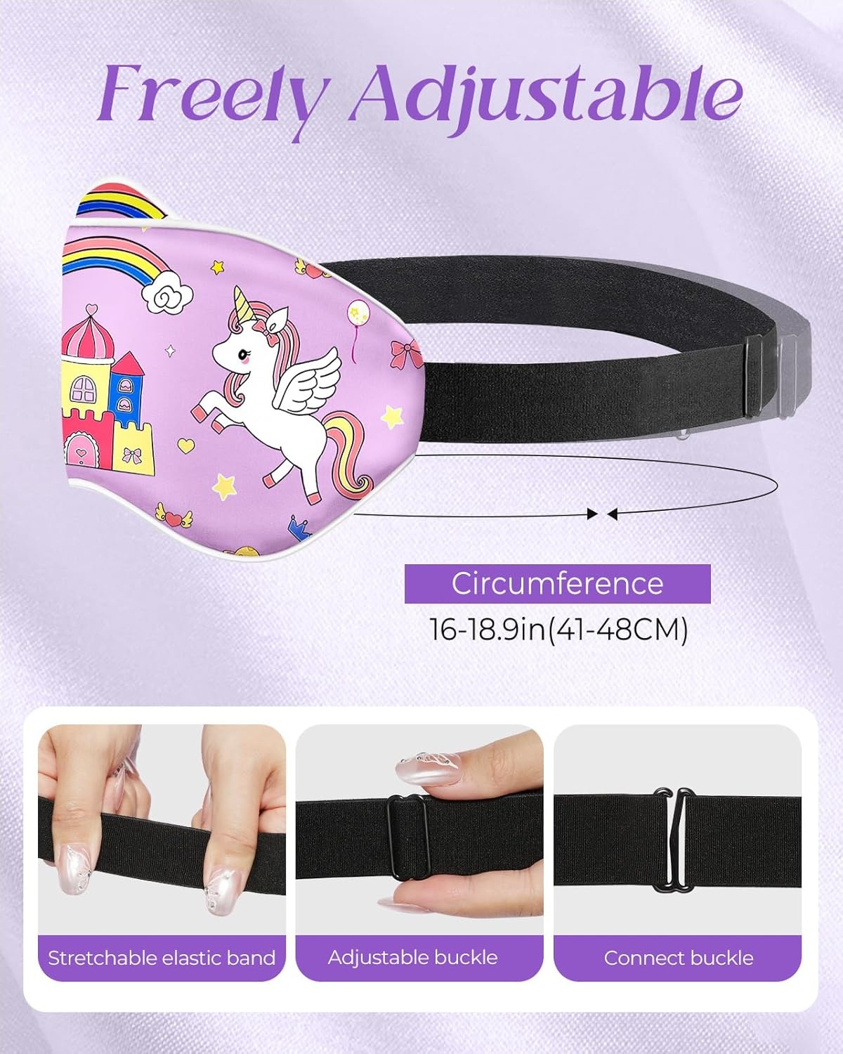 image:imageMiss Adola Sleep Mask for Kids Silk Eye Mask for Sleeping Cute Cartoon Kids Sleep Mask for Boys Girls Teens Soft Smooth Adjustable Straps Silk Kids Eye Cover Black DinosaurCp Unicorn