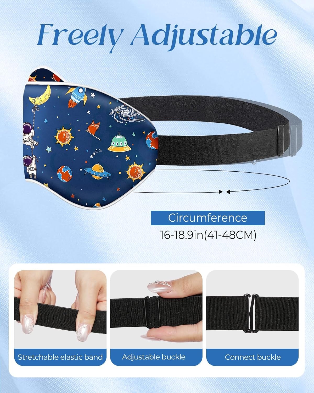 image:imageMiss Adola Sleep Mask for Kids Silk Eye Mask for Sleeping Cute Cartoon Kids Sleep Mask for Boys Girls Teens Soft Smooth Adjustable Straps Silk Kids Eye Cover Black DinosaurBlue Astronaut