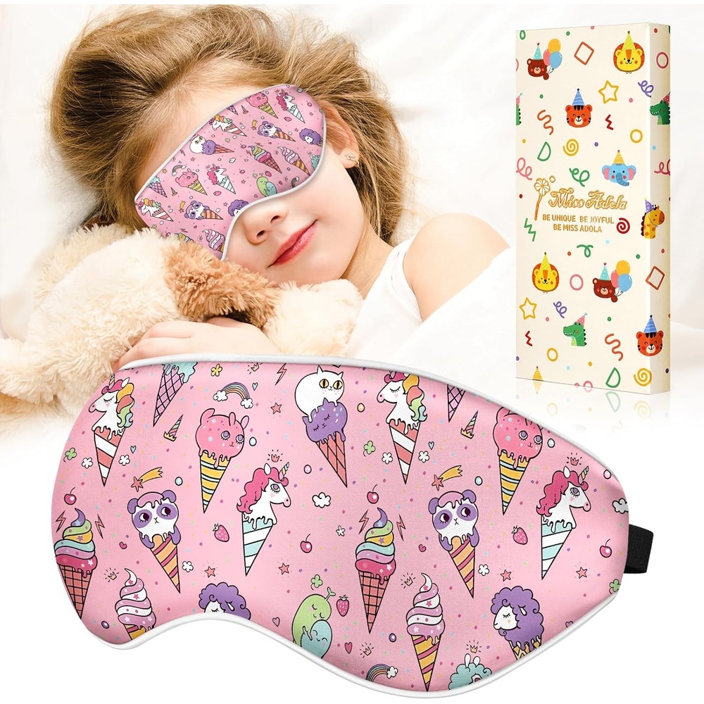 image:imageMiss Adola Kids Sleep Mask Silk Eye Mask for Kids Cute Cartoon Cool Kawaii Soft Smooth Lightweight Boys Girls Teens Sleeping Mask with Adjustable Straps UnicornRainbow Ice Cream Unicorn