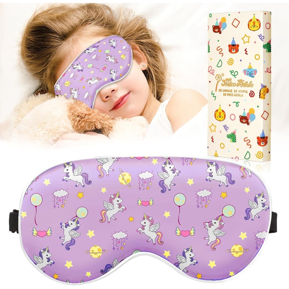 image:imageMiss Adola Sleep Mask for Kids Cute Kawaii Cartoon Silk Sleeping Mask with Adjustable Strap Soft Smooth Light Eye Mask for Sleeping Silk Kids Eye Cover for Boys Girls Teens Luminous Black CatsBalloon Unicorn