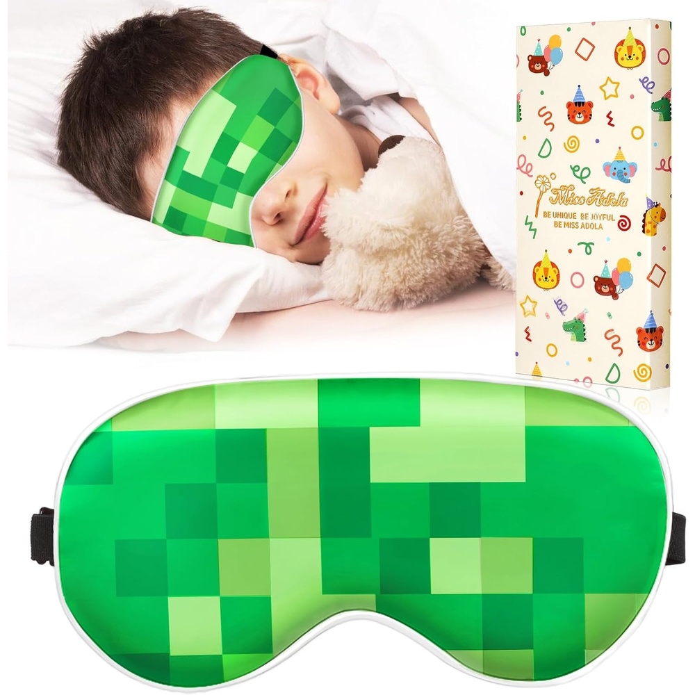 image:imageMiss Adola Sleep Mask for Kids Cute Kawaii Cartoon Silk Sleeping Mask with Adjustable Strap Soft Smooth Light Eye Mask for Sleeping Silk Kids Eye Cover for Boys Girls Teens Luminous Black CatsGreen Grid World