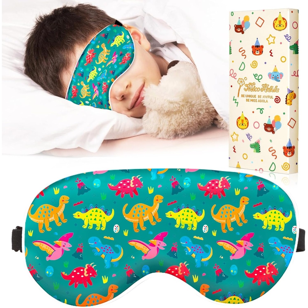 image:imageMiss Adola Sleep Mask for Kids Cute Kawaii Cartoon Silk Sleeping Mask with Adjustable Strap Soft Smooth Light Eye Mask for Sleeping Silk Kids Eye Cover for Boys Girls Teens Luminous Black CatsGreen Dinosaur