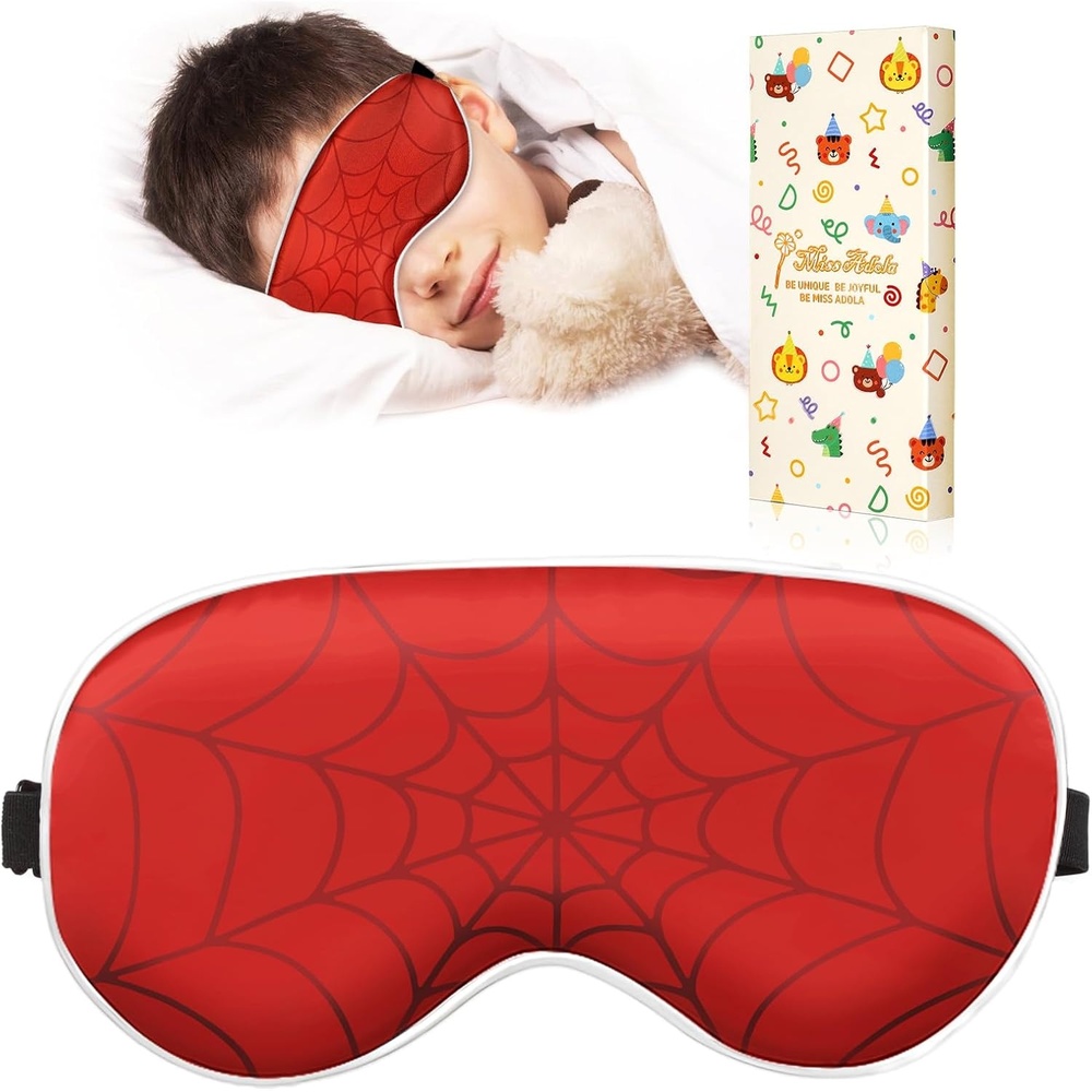 image:imageMiss Adola Sleep Mask for Kids Cute Kawaii Cartoon Silk Sleeping Mask with Adjustable Strap Soft Smooth Light Eye Mask for Sleeping Silk Kids Eye Cover for Boys Girls Teens Luminous Black CatsRed Blue Eye