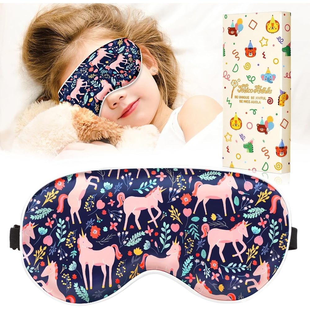 image:imageMiss Adola Sleep Mask for Kids Cute Kawaii Cartoon Silk Sleeping Mask with Adjustable Strap Soft Smooth Light Eye Mask for Sleeping Silk Kids Eye Cover for Boys Girls Teens Luminous Black CatsBlue Wildflower Unicorn