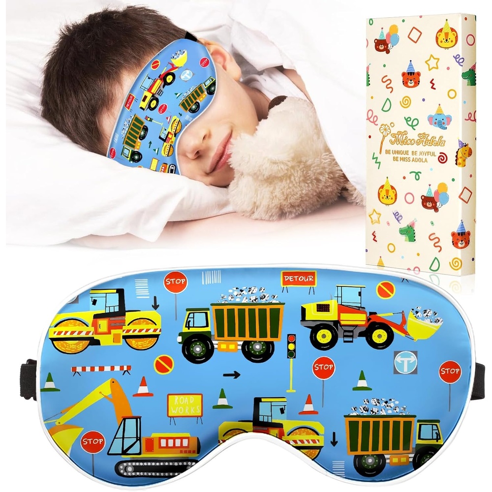 image:imageMiss Adola Sleep Mask for Kids Cute Kawaii Cartoon Silk Sleeping Mask with Adjustable Strap Soft Smooth Light Eye Mask for Sleeping Silk Kids Eye Cover for Boys Girls Teens Luminous Black CatsBlue Work Truck