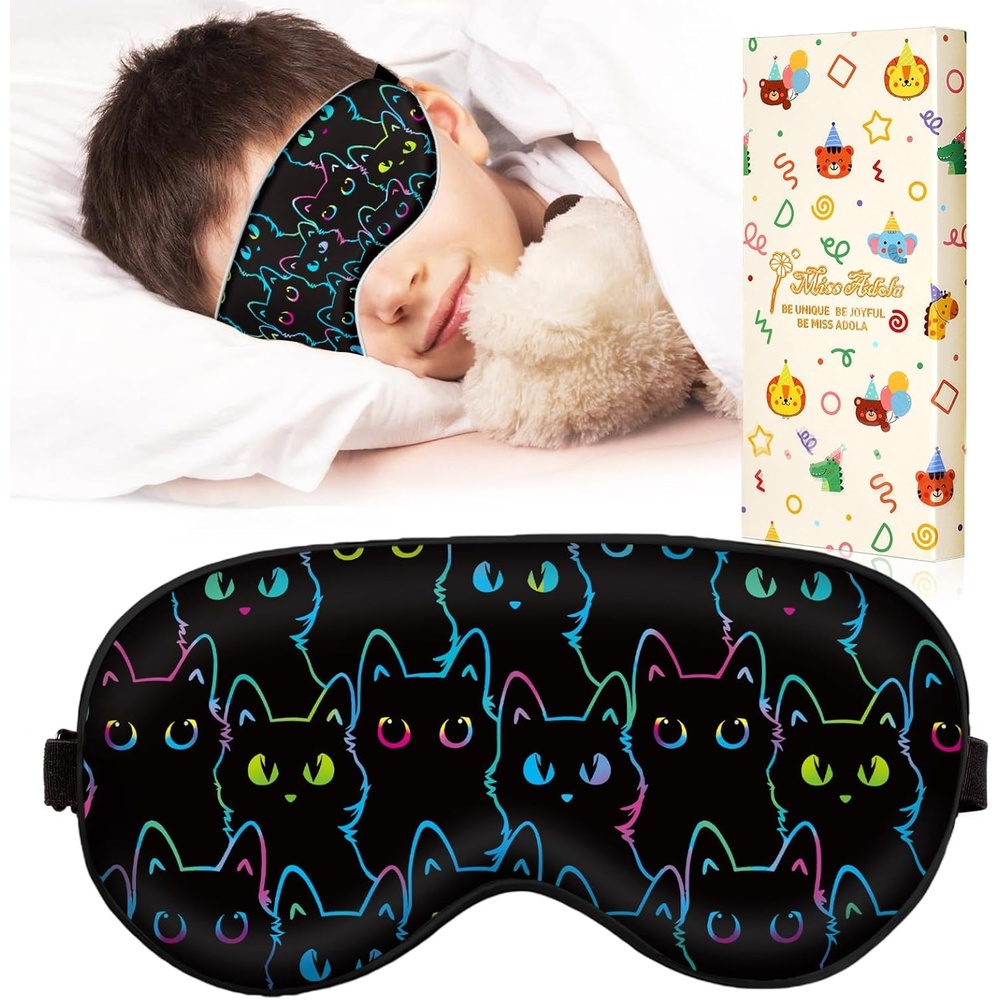 image:imageMiss Adola Sleep Mask for Kids Cute Kawaii Cartoon Silk Sleeping Mask with Adjustable Strap Soft Smooth Light Eye Mask for Sleeping Silk Kids Eye Cover for Boys Girls Teens Luminous Black CatsLuminous Black Cats
