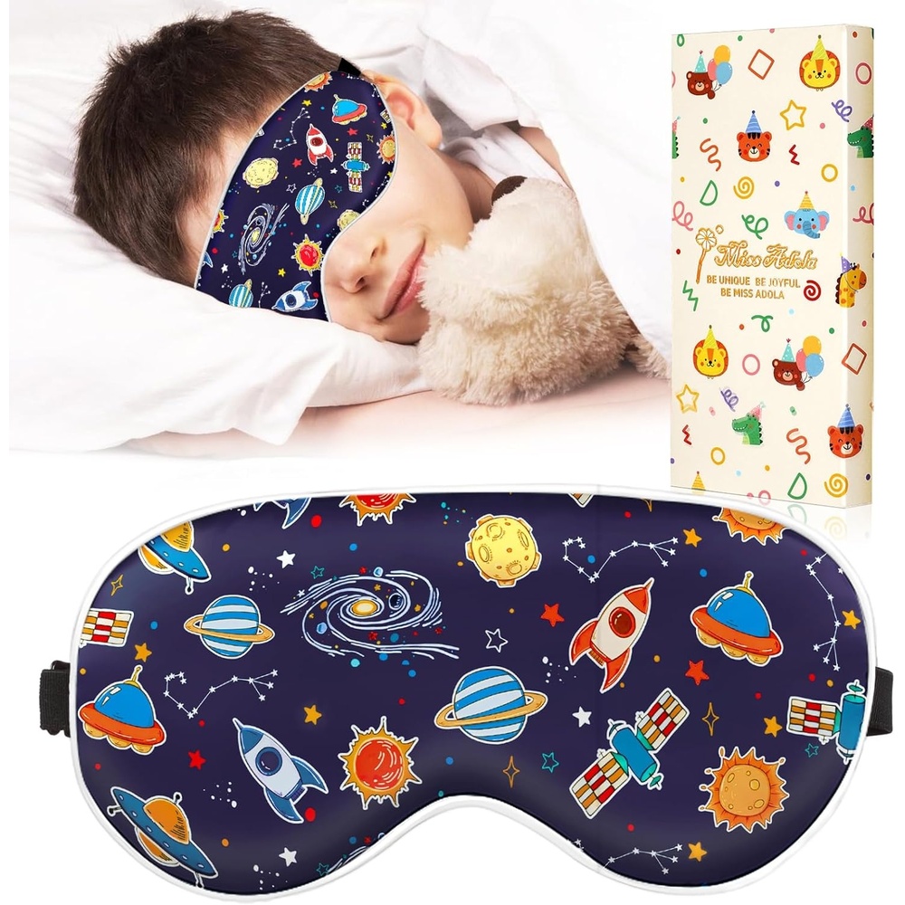image:imageMiss Adola Sleep Mask for Kids Cute Kawaii Cartoon Silk Sleeping Mask with Adjustable Strap Soft Smooth Light Eye Mask for Sleeping Silk Kids Eye Cover for Boys Girls Teens Luminous Black CatsBlue Sky Rockets