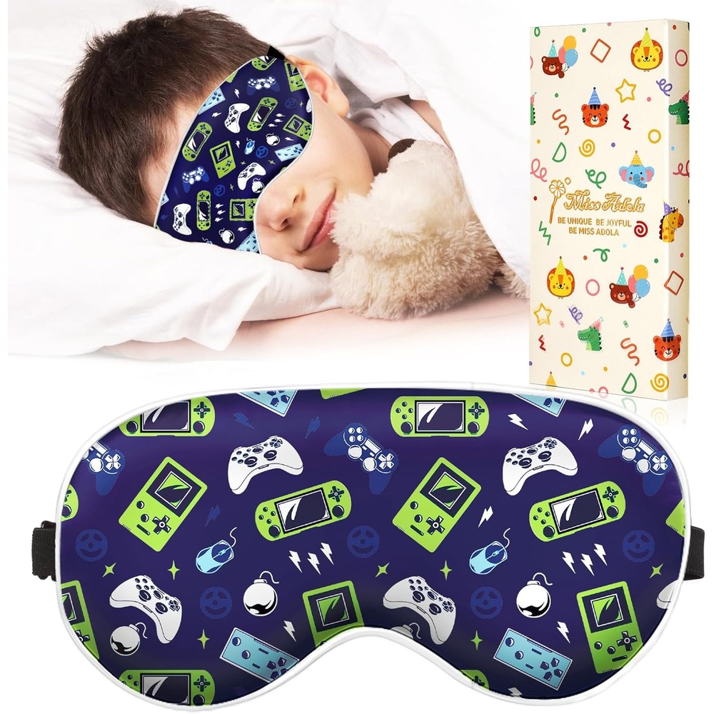 image:imageMiss Adola Sleep Mask for Kids Cute Kawaii Cartoon Silk Sleeping Mask with Adjustable Strap Soft Smooth Light Eye Mask for Sleeping Silk Kids Eye Cover for Boys Girls Teens Luminous Black CatsBlue Green Game