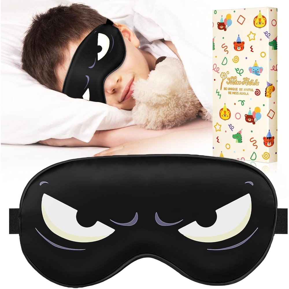 image:imageMiss Adola Sleep Mask for Kids Silk Eye Mask for Sleeping Cute Cartoon Kids Sleep Mask for Boys Girls Teens Soft Smooth Adjustable Straps Silk Kids Eye Cover Black DinosaurBlack White Eyes