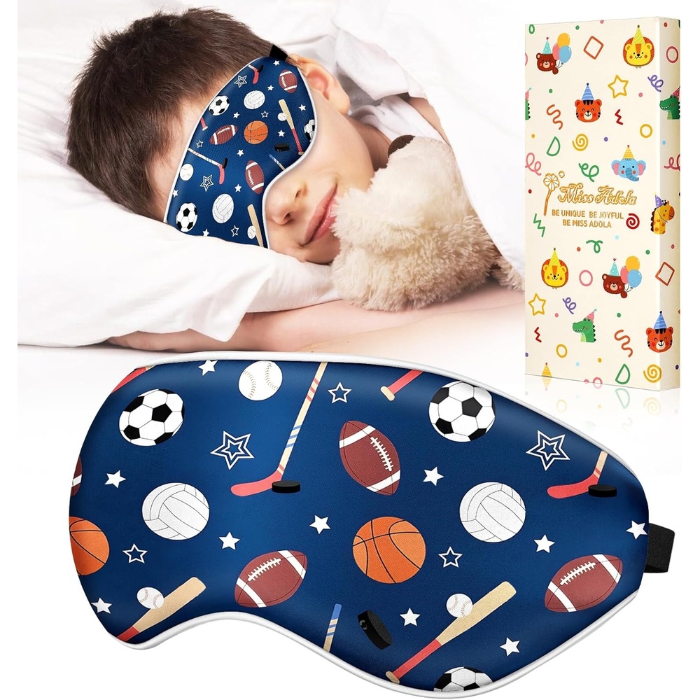 image:imageMiss Adola Sleep Mask for Kids Silk Eye Mask for Sleeping Cute Cartoon Kids Sleep Mask for Boys Girls Teens Soft Smooth Adjustable Straps Silk Kids Eye Cover Black DinosaurBlue Ballgame