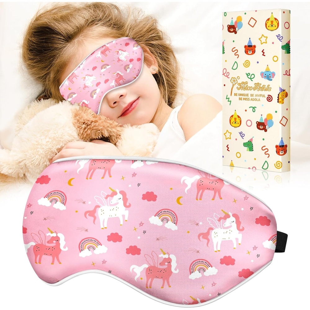 image:imageMiss Adola Sleep Mask for Kids Silk Eye Mask for Sleeping Cute Cartoon Kids Sleep Mask for Boys Girls Teens Soft Smooth Adjustable Straps Silk Kids Eye Cover Black DinosaurPk Rainbow Unicorn