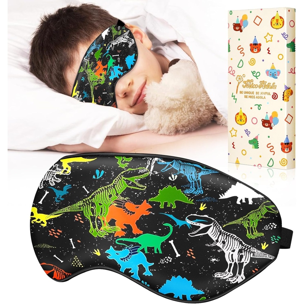 image:imageMiss Adola Sleep Mask for Kids Silk Eye Mask for Sleeping Cute Cartoon Kids Sleep Mask for Boys Girls Teens Soft Smooth Adjustable Straps Silk Kids Eye Cover Black DinosaurBlack Dinosaur