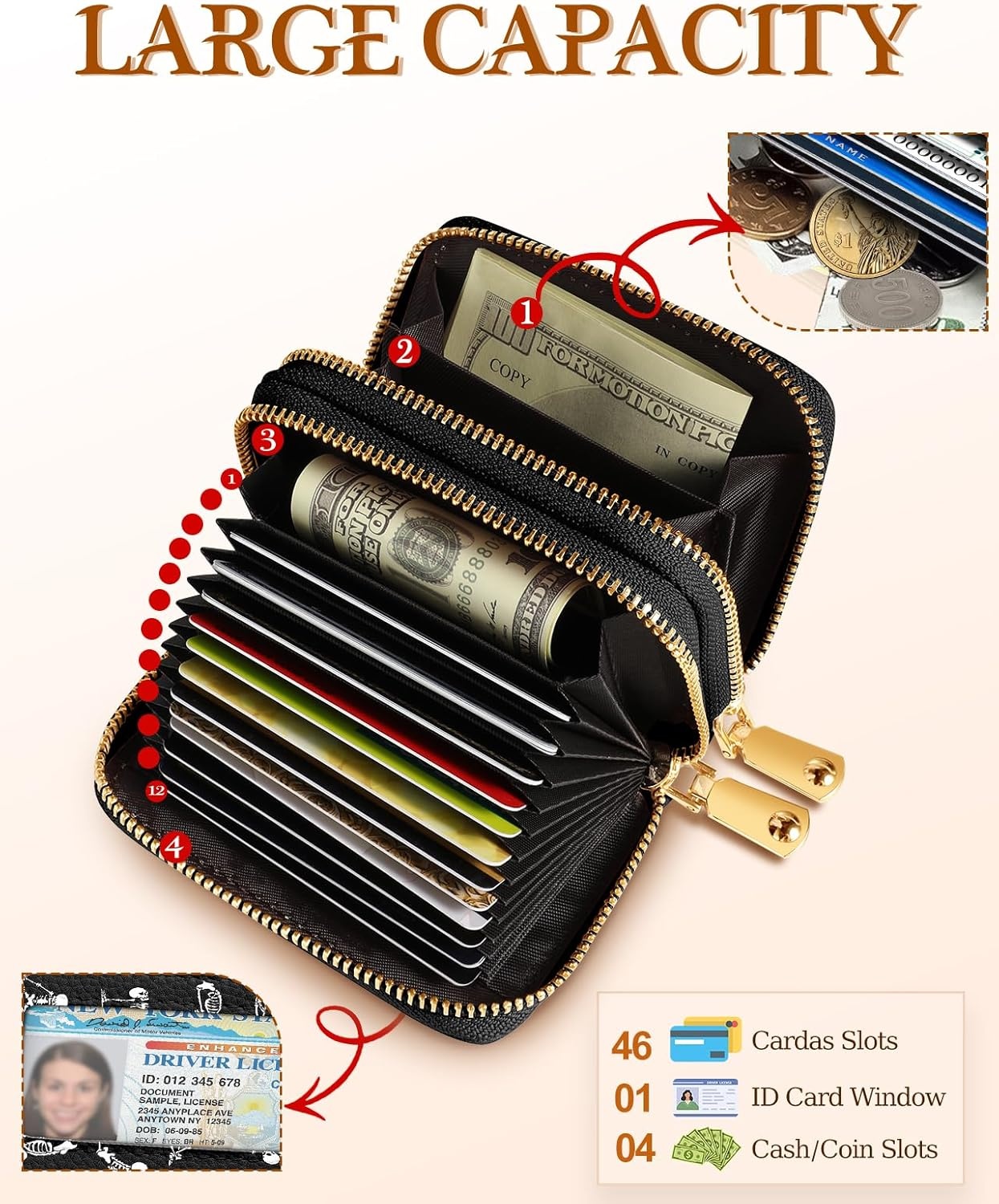 image:imageMiss Adola Credit Card Holder for Women RFID Women Wallet Leather Card Wallet for Ladies Girls Female Aesthetic Cute Wallet with Card Slots Coin Cash Zipper Purse amp ID Window Collage TextYoga Skull
