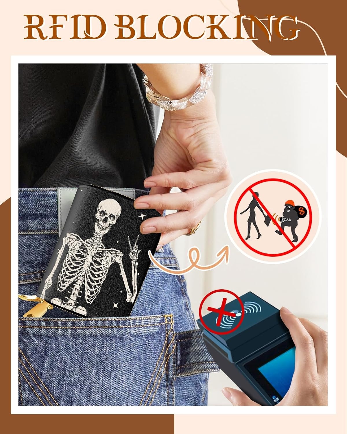 image:imageMiss Adola Credit Card Holder for Women RFID Women Wallet Leather Card Wallet for Ladies Girls Female Aesthetic Cute Wallet with Card Slots Coin Cash Zipper Purse amp ID Window Collage TextYes Skull
