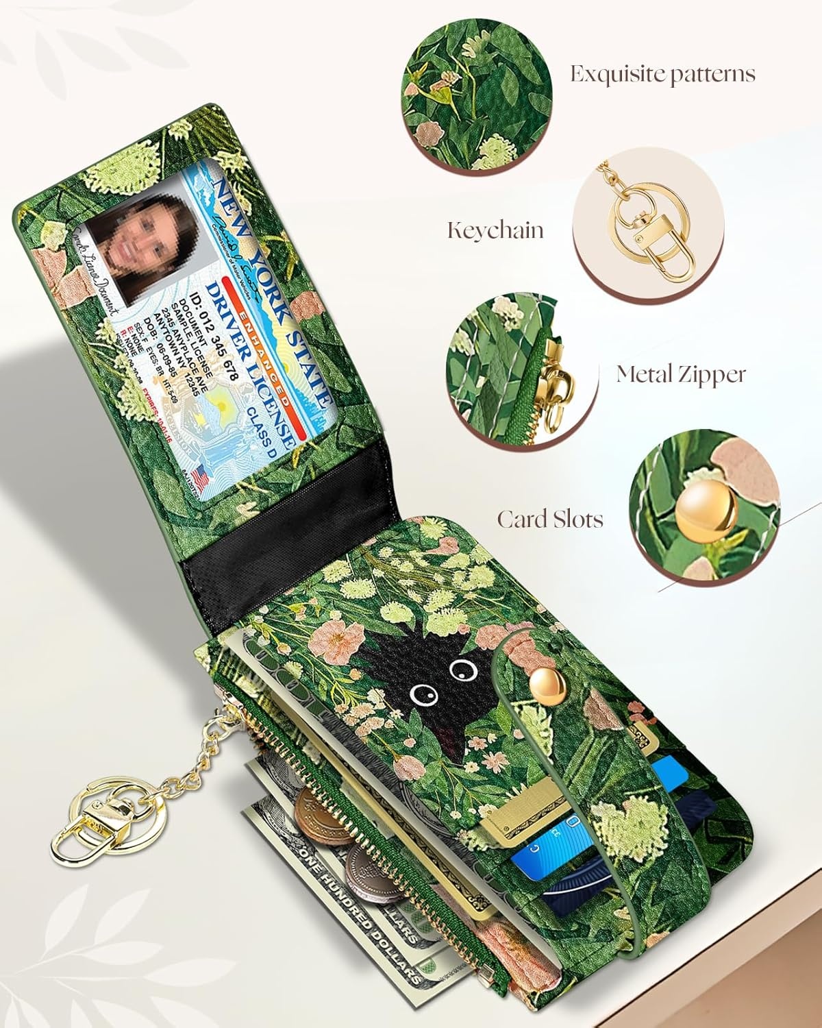 image:imageMiss Adola Cute Card Wallet Women Small Wallets with Keychain Jihe RFID Credit Cardholder Aesthetic Fashion Design Coin Purse for Female Ladies Teen GirlsGrass Cat