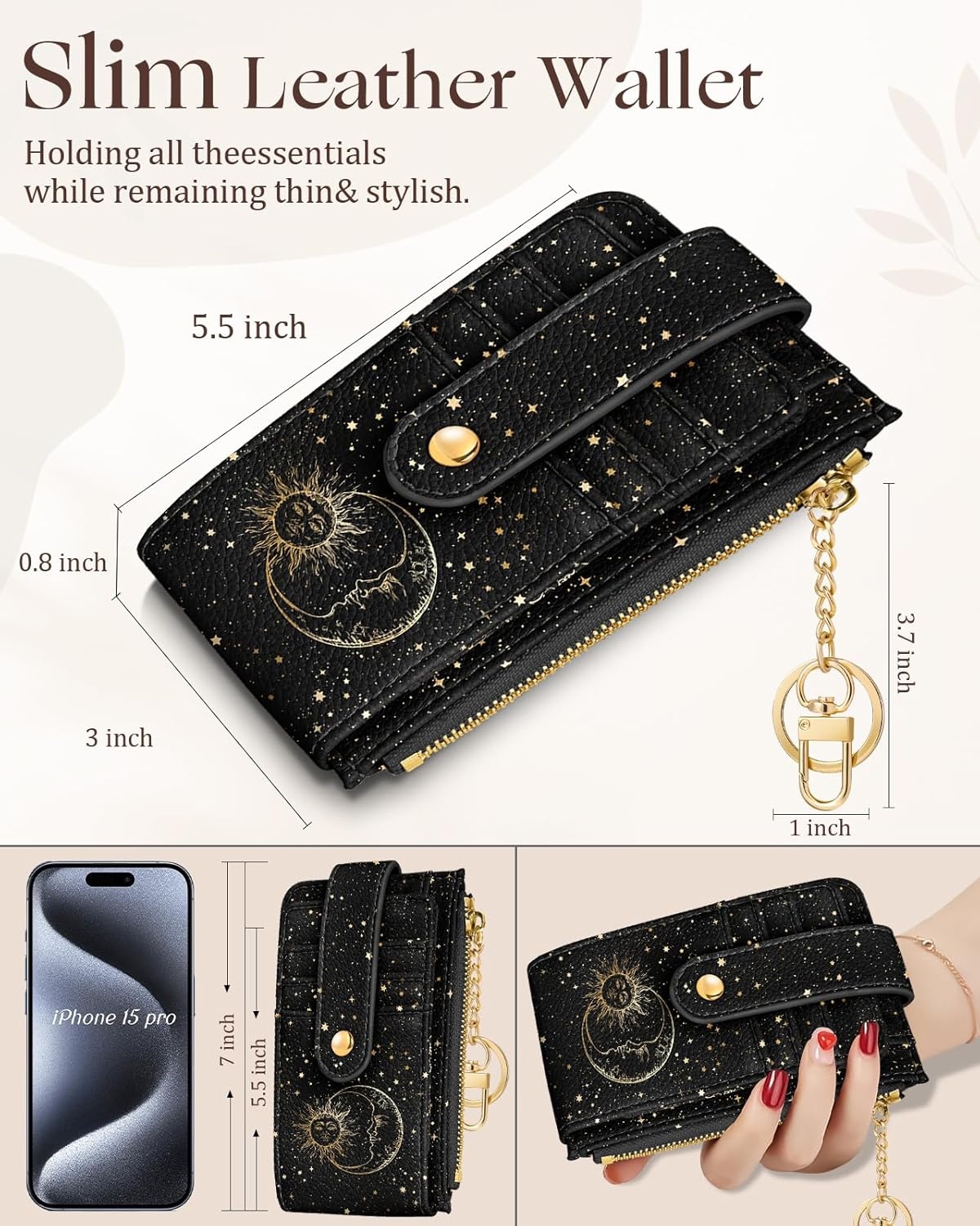 image:imageMiss Adola Cute Card Wallet Women Small Wallets with Keychain Jihe RFID Credit Cardholder Aesthetic Fashion Design Coin Purse for Female Ladies Teen GirlsSun Moon
