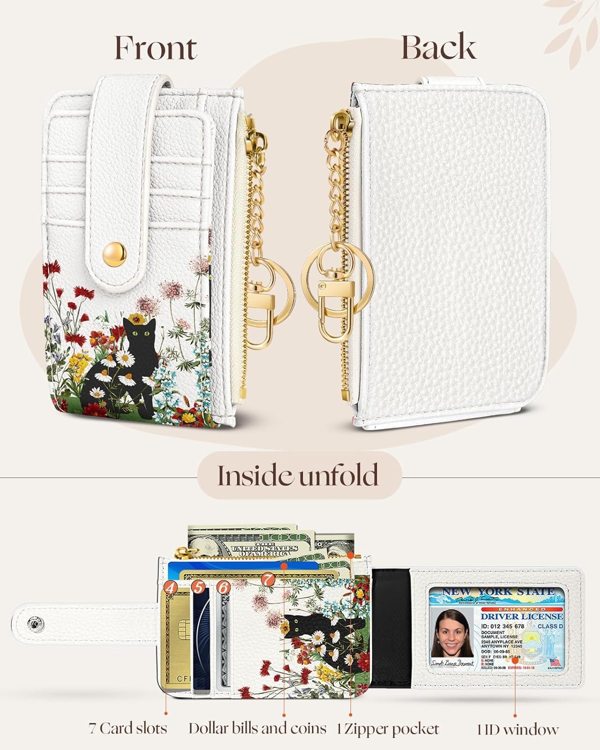 image:imageMiss Adola Cute Card Wallet Women Small Wallets with Keychain Jihe RFID Credit Cardholder Aesthetic Fashion Design Coin Purse for Female Ladies Teen GirlsFolwer Cat