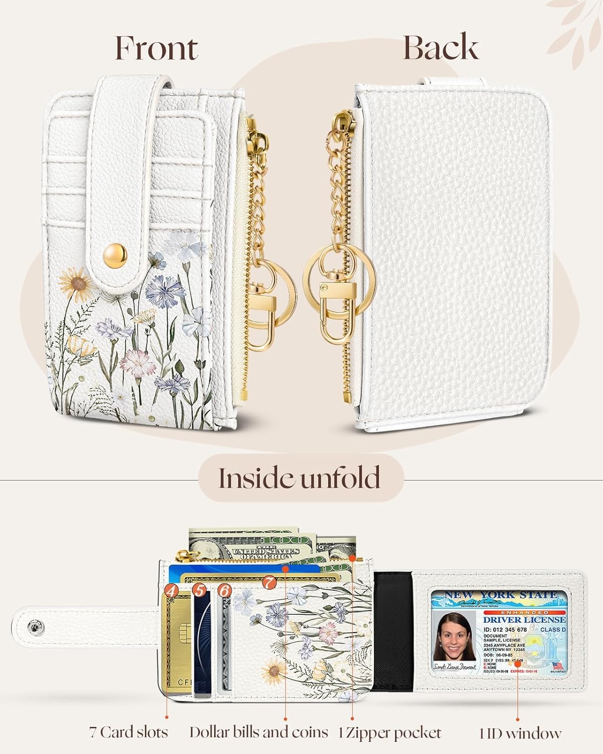 image:imageMiss Adola Cute Card Wallet Women Small Wallets with Keychain Jihe RFID Credit Cardholder Aesthetic Fashion Design Coin Purse for Female Ladies Teen GirlsColorful Flower