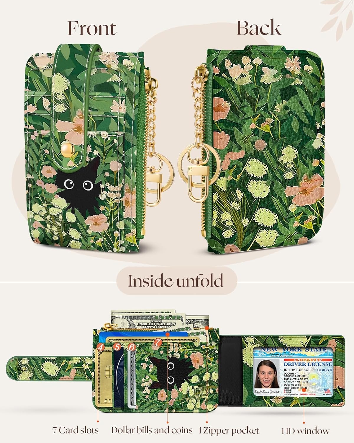 image:imageMiss Adola Cute Card Wallet Women Small Wallets with Keychain Jihe RFID Credit Cardholder Aesthetic Fashion Design Coin Purse for Female Ladies Teen GirlsGrass Cat