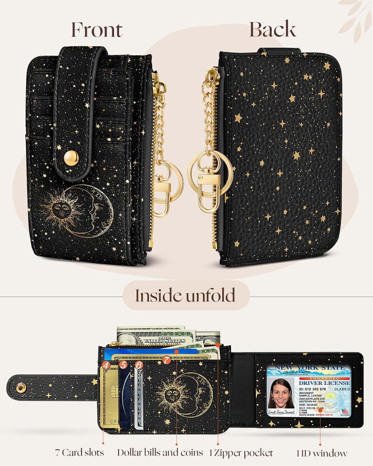 image:imageMiss Adola Cute Card Wallet Women Small Wallets with Keychain Jihe RFID Credit Cardholder Aesthetic Fashion Design Coin Purse for Female Ladies Teen GirlsSun Moon
