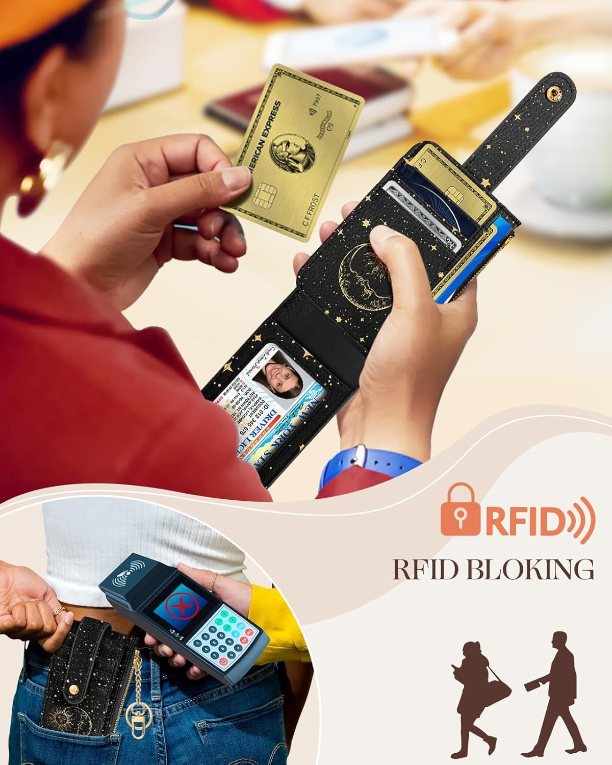 image:imageMiss Adola Cute Card Wallet Women Small Wallets with Keychain Jihe RFID Credit Cardholder Aesthetic Fashion Design Coin Purse for Female Ladies Teen GirlsSun Moon