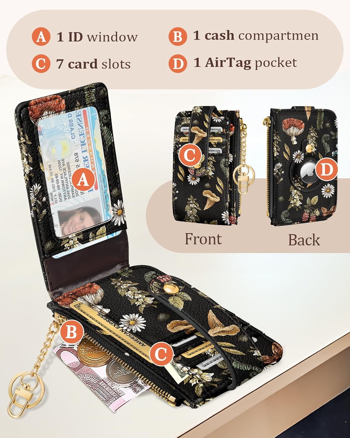 image:imageMiss Adola Cute Card Wallet Women with AirTag Holder Sun Moon Genuine Leather Small Wallets with Keychain RFID Credit Cardholder Air Tag Aesthetic Coin Purse for Female Ladies Teen GirlsBlack Mogu