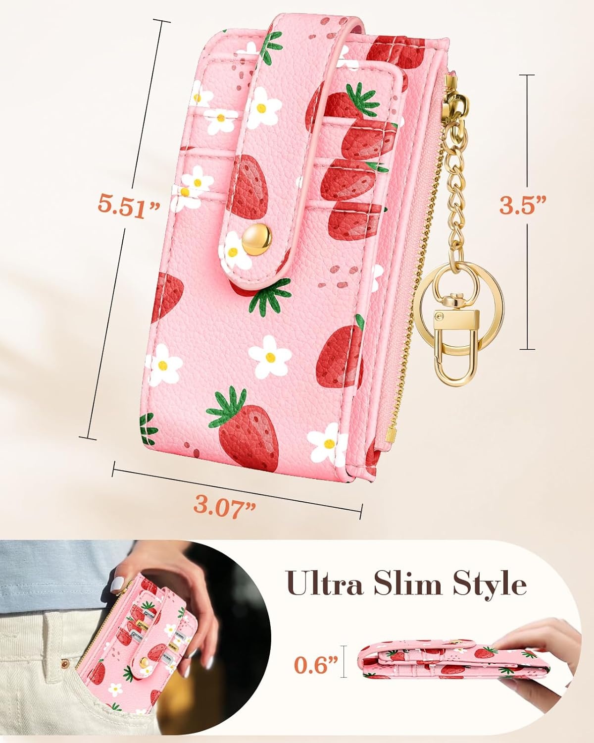 image:imageMiss Adola Cute Card Wallet Women with AirTag Holder Sun Moon Genuine Leather Small Wallets with Keychain RFID Credit Cardholder Air Tag Aesthetic Coin Purse for Female Ladies Teen GirlsStrawberry
