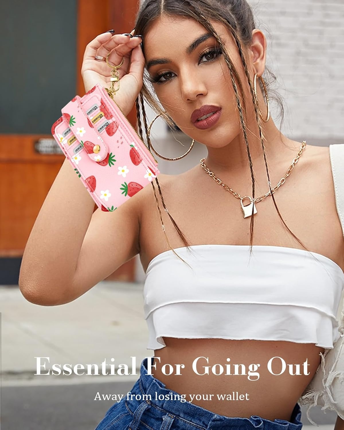 image:imageMiss Adola Cute Card Wallet Women with AirTag Holder Sun Moon Genuine Leather Small Wallets with Keychain RFID Credit Cardholder Air Tag Aesthetic Coin Purse for Female Ladies Teen GirlsStrawberry