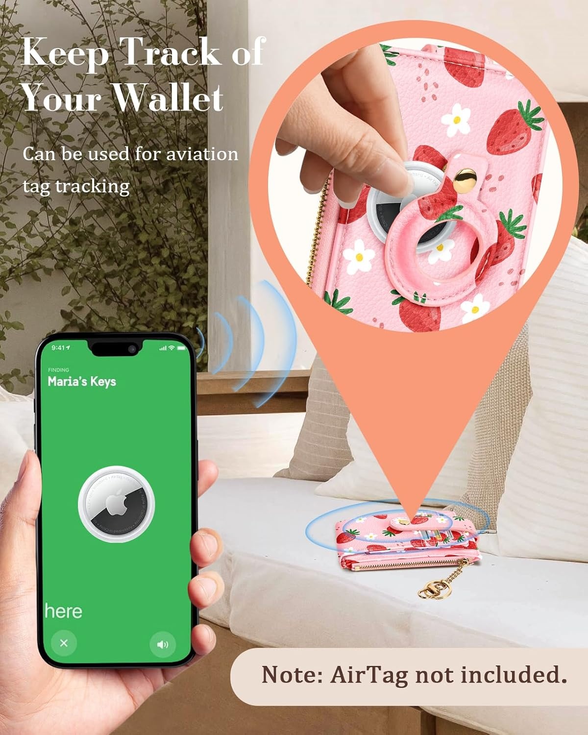 image:imageMiss Adola Cute Card Wallet Women with AirTag Holder Sun Moon Genuine Leather Small Wallets with Keychain RFID Credit Cardholder Air Tag Aesthetic Coin Purse for Female Ladies Teen GirlsStrawberry